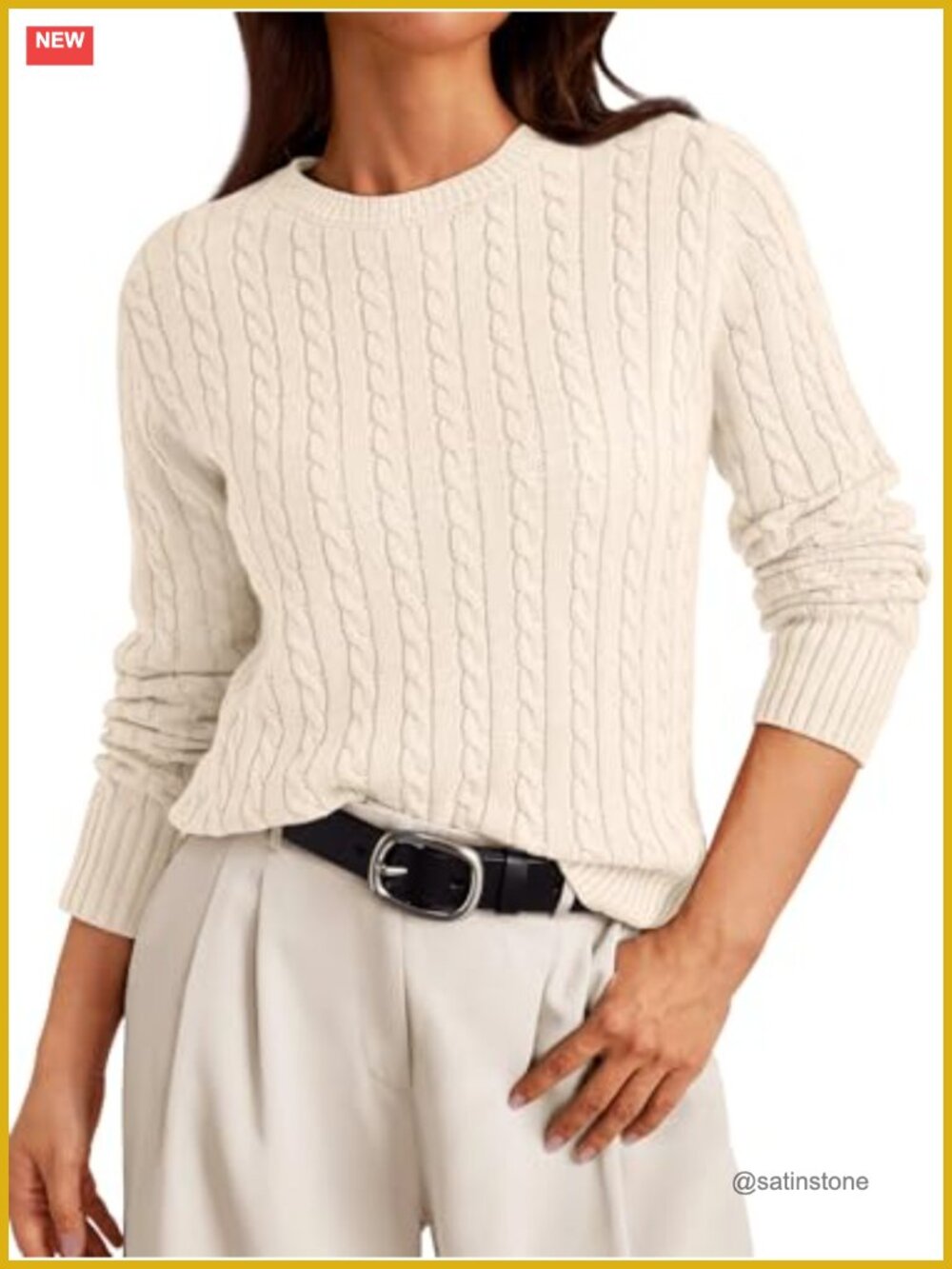 Lightweight Cable Knit Long Sleeve Crewneck Pullover Sweater